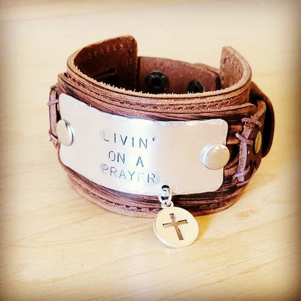Livin' On A Prayer Hand Stamped Leather Cuff