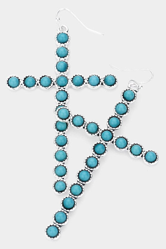 Turquoise Embellished Cross Dangle Earrings