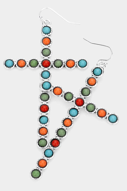 Turquoise Embellished Cross Dangle Earrings