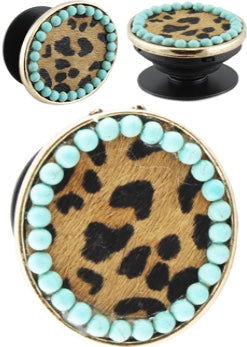 Leopard Hide/Turquoise Phone Grip Holder/Stand