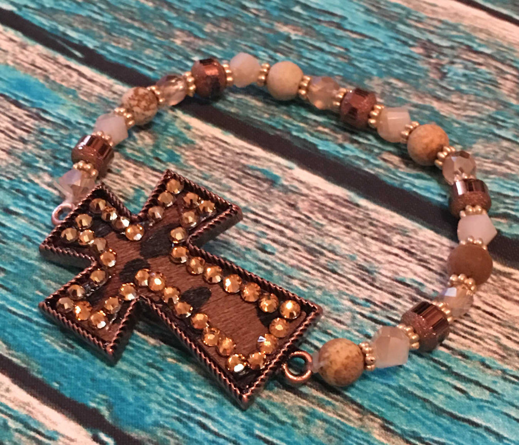 Beaded Leopard Cross Bracelet from Outlaws and Angels Boutique
